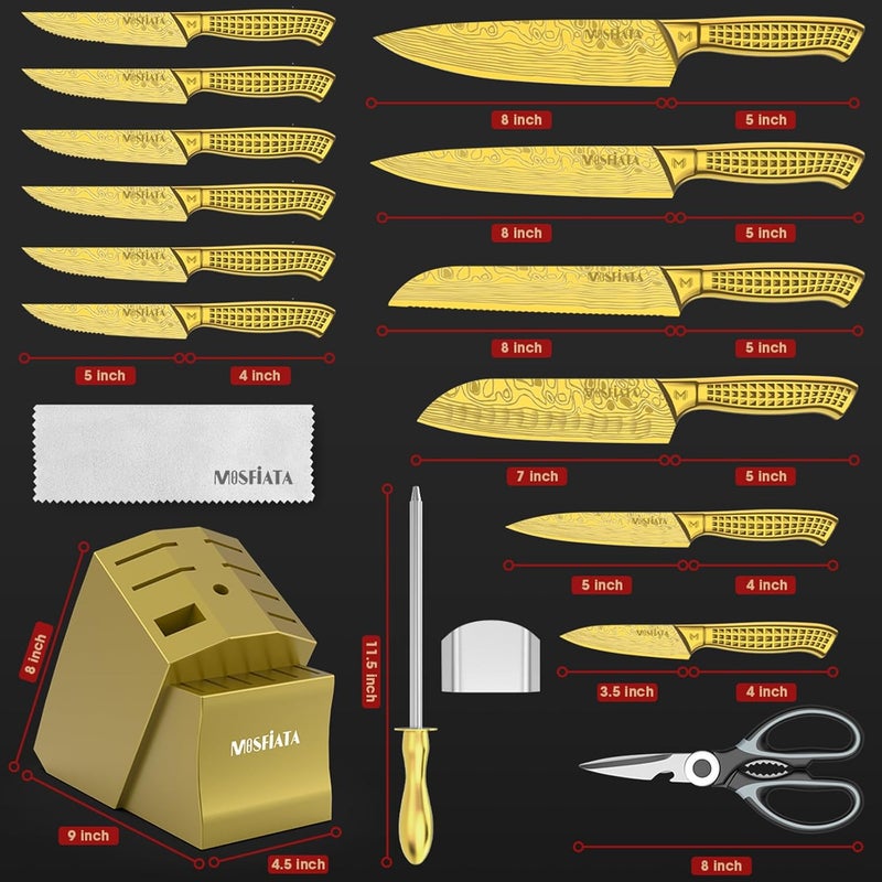 MOSFiATA Kitchen Knife Set, 17 Pcs Japanese Stainless Steel Knife Sets for Kitchen with Block with Knife Sharpening Rod, Dishwasher Safe, Gift Set,Titanium Plated Knife Block Set - Image 2